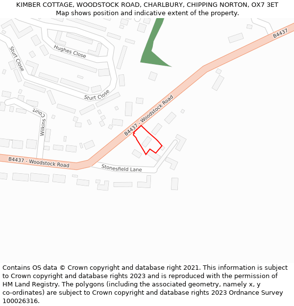 KIMBER COTTAGE, WOODSTOCK ROAD, CHARLBURY, CHIPPING NORTON, OX7 3ET: Location map and indicative extent of plot
