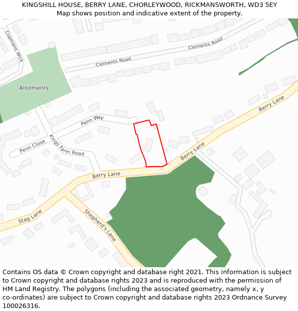 KINGSHILL HOUSE, BERRY LANE, CHORLEYWOOD, RICKMANSWORTH, WD3 5EY: Location map and indicative extent of plot