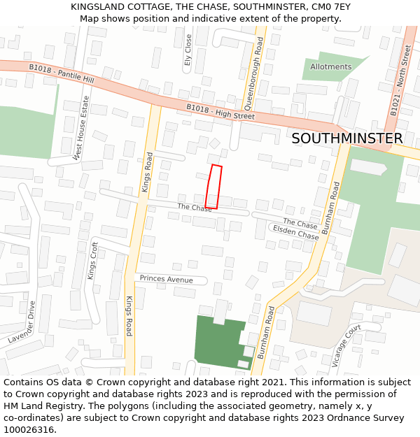 KINGSLAND COTTAGE, THE CHASE, SOUTHMINSTER, CM0 7EY: Location map and indicative extent of plot