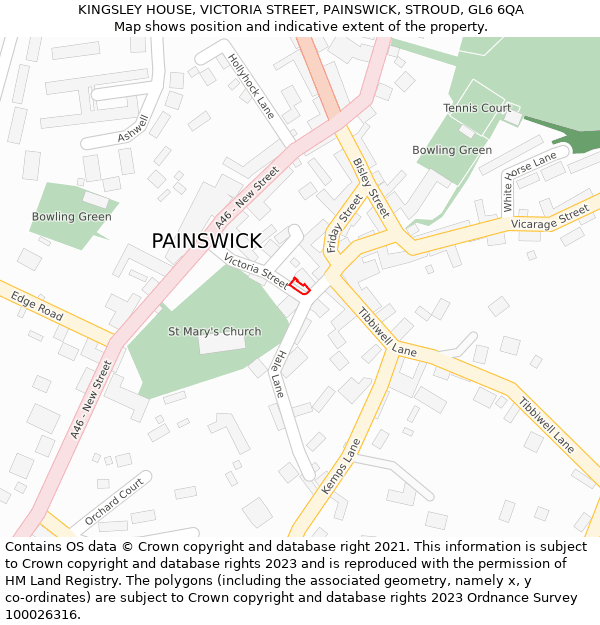 KINGSLEY HOUSE, VICTORIA STREET, PAINSWICK, STROUD, GL6 6QA: Location map and indicative extent of plot