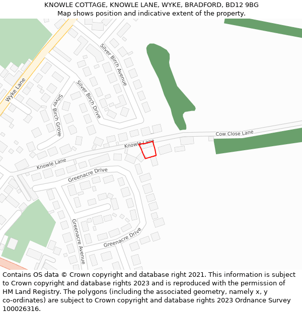 KNOWLE COTTAGE, KNOWLE LANE, WYKE, BRADFORD, BD12 9BG: Location map and indicative extent of plot