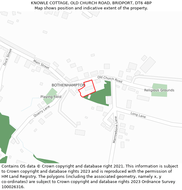 KNOWLE COTTAGE, OLD CHURCH ROAD, BRIDPORT, DT6 4BP: Location map and indicative extent of plot