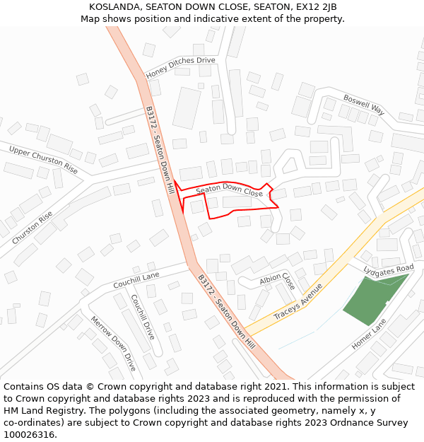 KOSLANDA, SEATON DOWN CLOSE, SEATON, EX12 2JB: Location map and indicative extent of plot