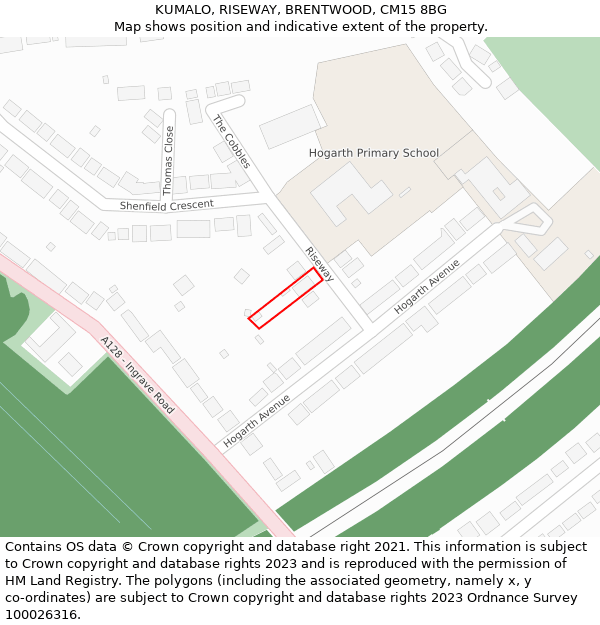 KUMALO, RISEWAY, BRENTWOOD, CM15 8BG: Location map and indicative extent of plot