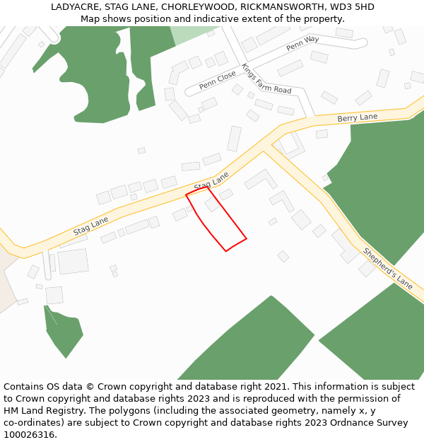 LADYACRE, STAG LANE, CHORLEYWOOD, RICKMANSWORTH, WD3 5HD: Location map and indicative extent of plot