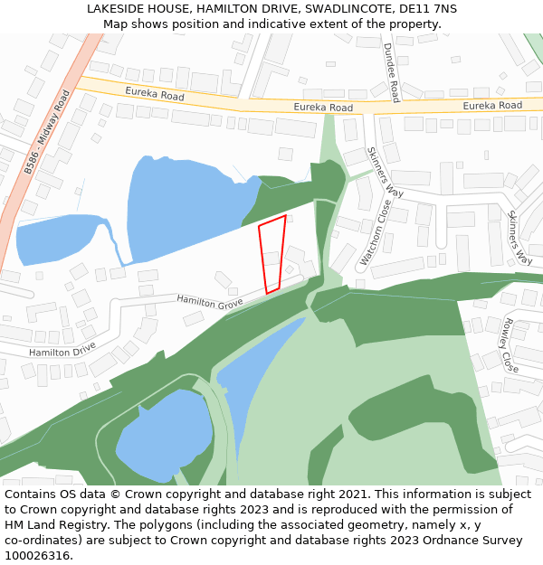 LAKESIDE HOUSE, HAMILTON DRIVE, SWADLINCOTE, DE11 7NS: Location map and indicative extent of plot