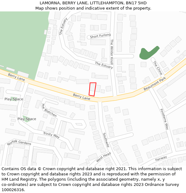 LAMORNA, BERRY LANE, LITTLEHAMPTON, BN17 5HD: Location map and indicative extent of plot