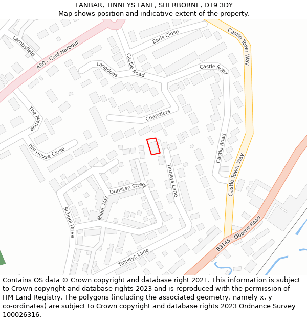 LANBAR, TINNEYS LANE, SHERBORNE, DT9 3DY: Location map and indicative extent of plot