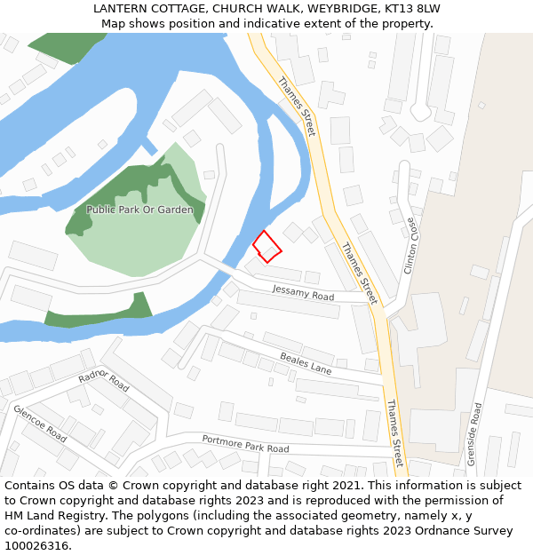 LANTERN COTTAGE, CHURCH WALK, WEYBRIDGE, KT13 8LW: Location map and indicative extent of plot