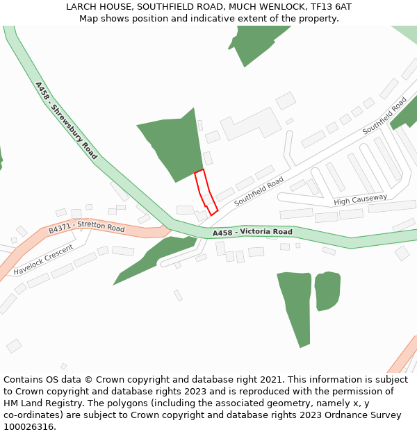 LARCH HOUSE, SOUTHFIELD ROAD, MUCH WENLOCK, TF13 6AT: Location map and indicative extent of plot
