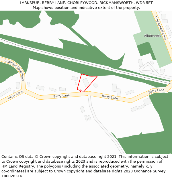 LARKSPUR, BERRY LANE, CHORLEYWOOD, RICKMANSWORTH, WD3 5ET: Location map and indicative extent of plot