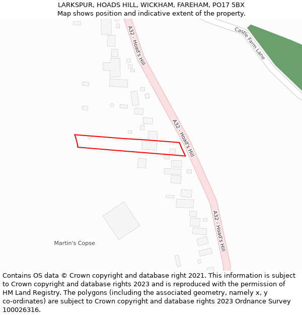 LARKSPUR, HOADS HILL, WICKHAM, FAREHAM, PO17 5BX: Location map and indicative extent of plot