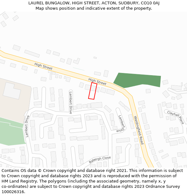 LAUREL BUNGALOW, HIGH STREET, ACTON, SUDBURY, CO10 0AJ: Location map and indicative extent of plot