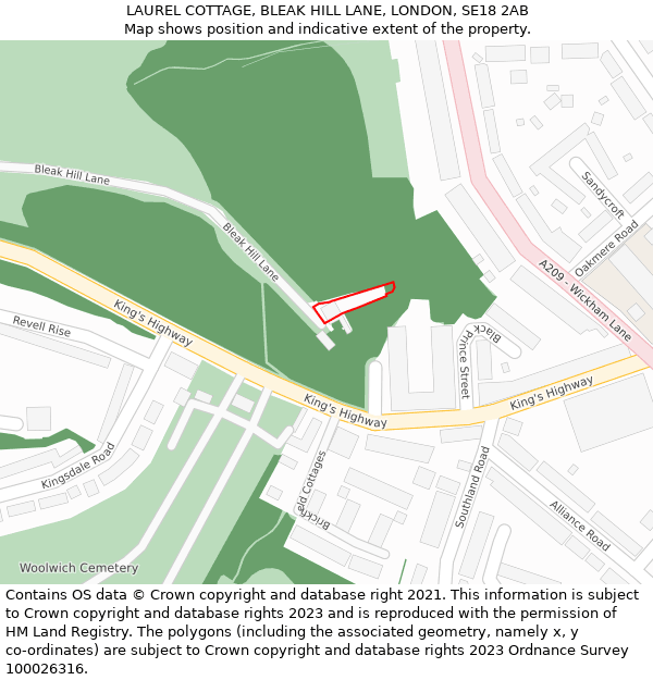LAUREL COTTAGE, BLEAK HILL LANE, LONDON, SE18 2AB: Location map and indicative extent of plot