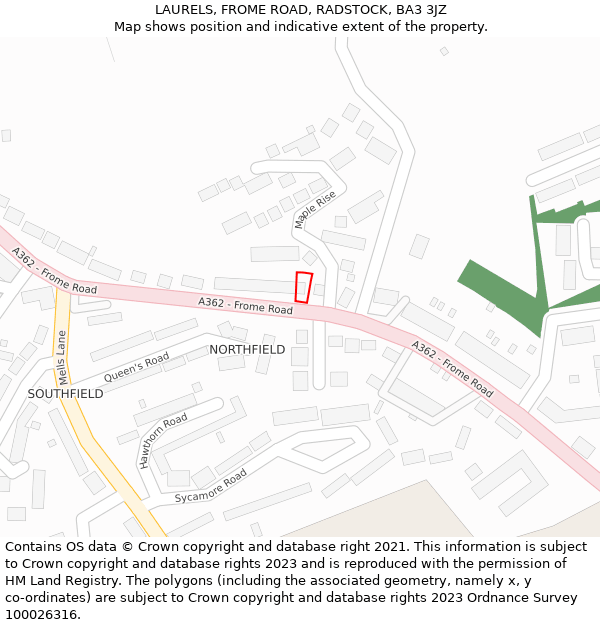 LAURELS, FROME ROAD, RADSTOCK, BA3 3JZ: Location map and indicative extent of plot