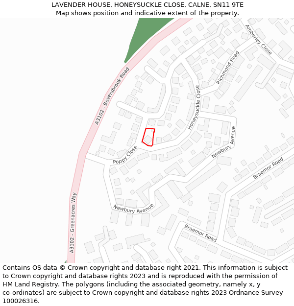 LAVENDER HOUSE, HONEYSUCKLE CLOSE, CALNE, SN11 9TE: Location map and indicative extent of plot