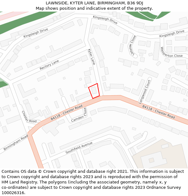 LAWNSIDE, KYTER LANE, BIRMINGHAM, B36 9DJ: Location map and indicative extent of plot