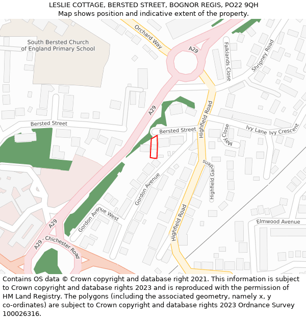 LESLIE COTTAGE, BERSTED STREET, BOGNOR REGIS, PO22 9QH: Location map and indicative extent of plot