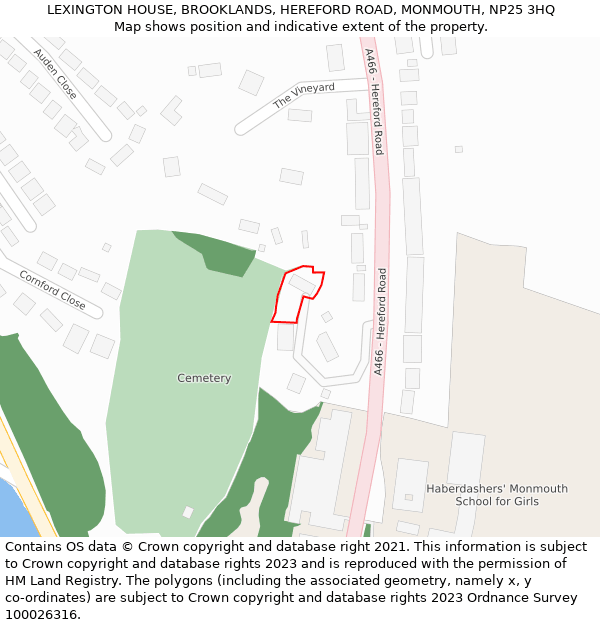 LEXINGTON HOUSE, BROOKLANDS, HEREFORD ROAD, MONMOUTH, NP25 3HQ: Location map and indicative extent of plot