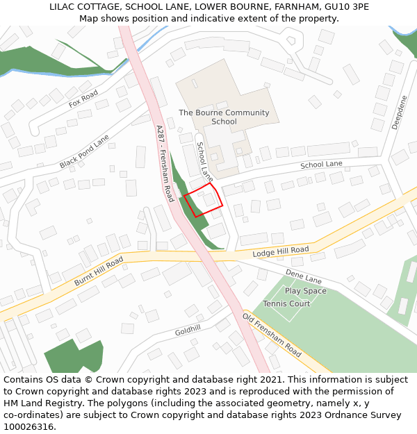 LILAC COTTAGE, SCHOOL LANE, LOWER BOURNE, FARNHAM, GU10 3PE: Location map and indicative extent of plot