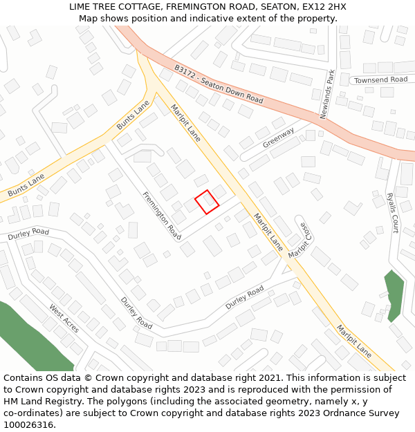 LIME TREE COTTAGE, FREMINGTON ROAD, SEATON, EX12 2HX: Location map and indicative extent of plot