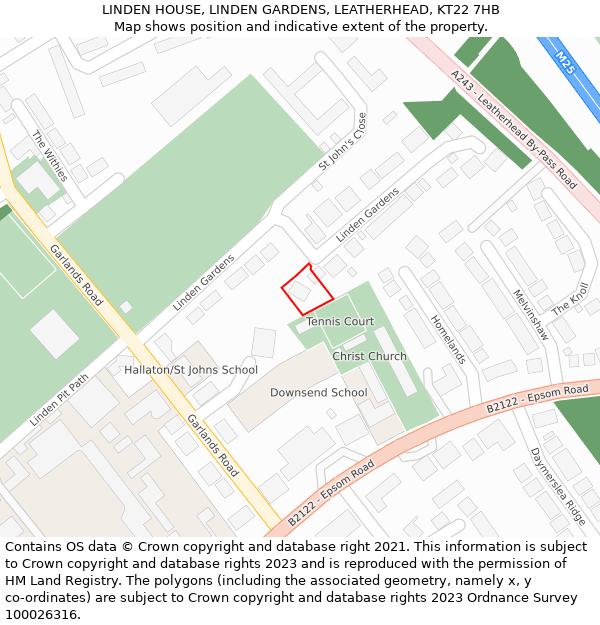 LINDEN HOUSE, LINDEN GARDENS, LEATHERHEAD, KT22 7HB: Location map and indicative extent of plot