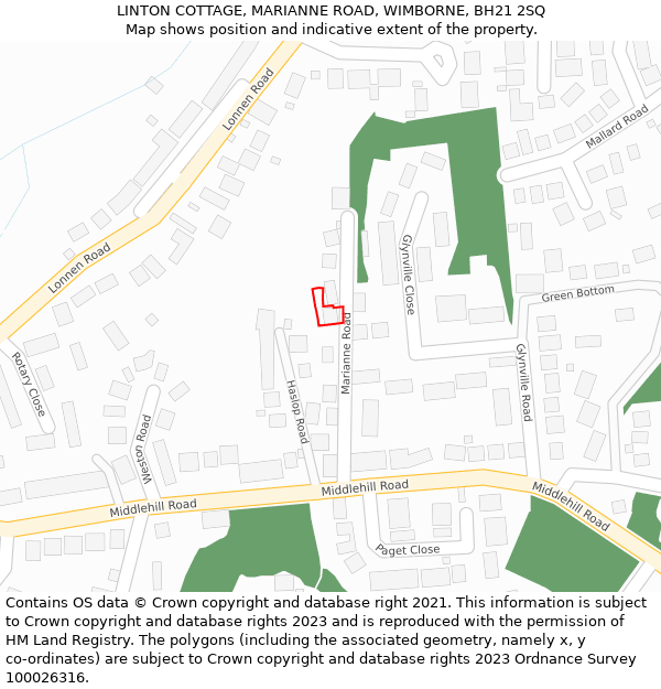 LINTON COTTAGE, MARIANNE ROAD, WIMBORNE, BH21 2SQ: Location map and indicative extent of plot