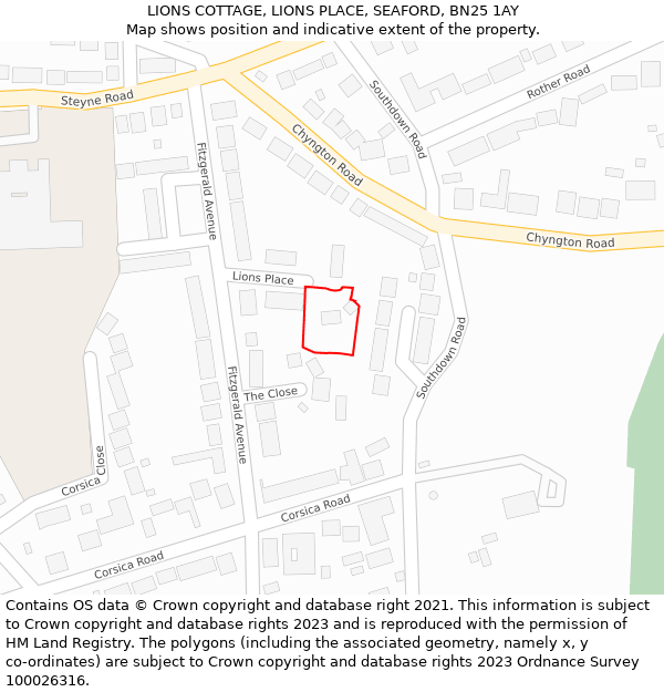 LIONS COTTAGE, LIONS PLACE, SEAFORD, BN25 1AY: Location map and indicative extent of plot