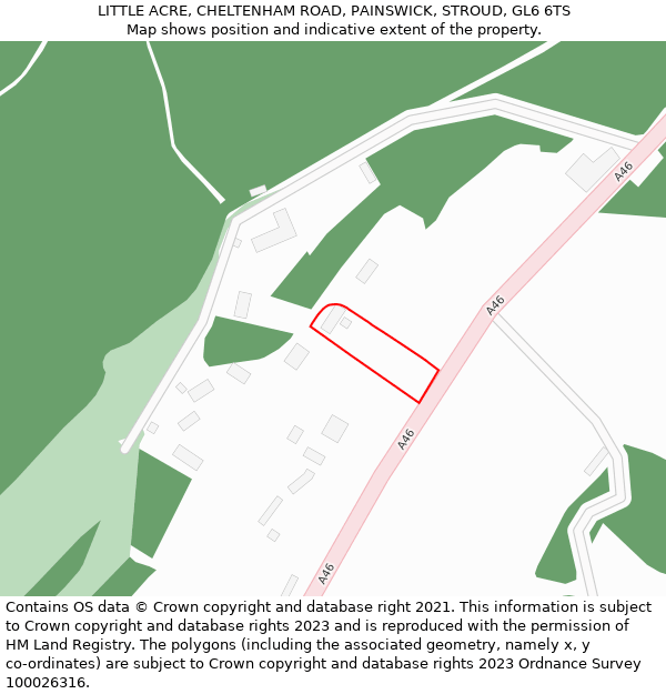 LITTLE ACRE, CHELTENHAM ROAD, PAINSWICK, STROUD, GL6 6TS: Location map and indicative extent of plot