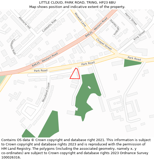 LITTLE CLOUD, PARK ROAD, TRING, HP23 6BU: Location map and indicative extent of plot