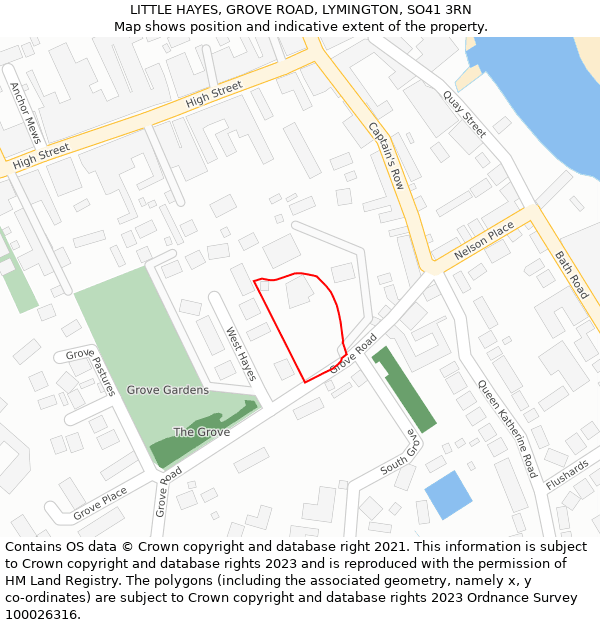 LITTLE HAYES, GROVE ROAD, LYMINGTON, SO41 3RN: Location map and indicative extent of plot