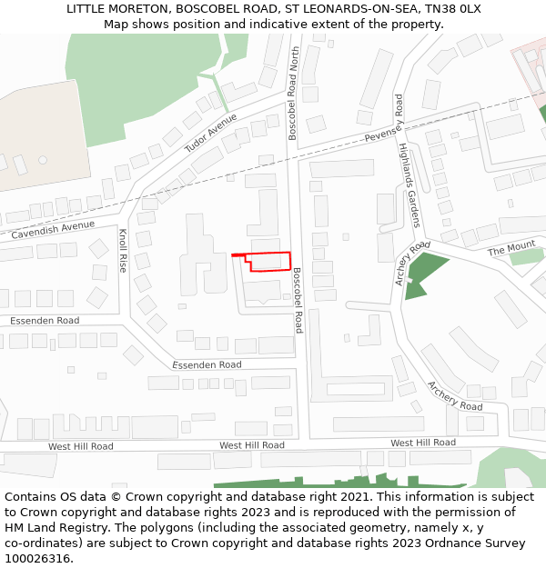 LITTLE MORETON, BOSCOBEL ROAD, ST LEONARDS-ON-SEA, TN38 0LX: Location map and indicative extent of plot