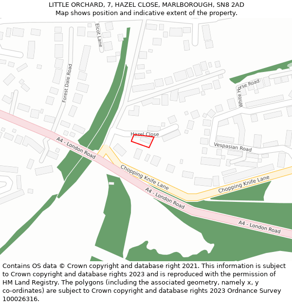 LITTLE ORCHARD, 7, HAZEL CLOSE, MARLBOROUGH, SN8 2AD: Location map and indicative extent of plot