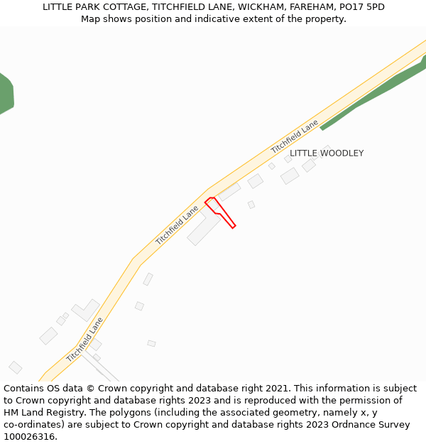 LITTLE PARK COTTAGE, TITCHFIELD LANE, WICKHAM, FAREHAM, PO17 5PD: Location map and indicative extent of plot