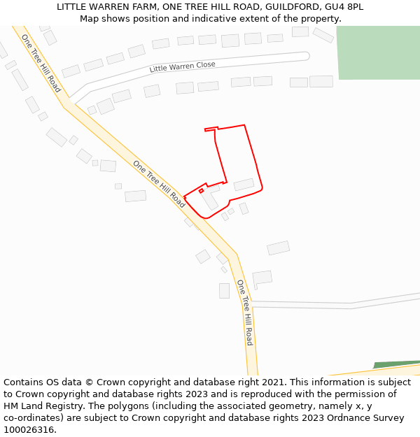 LITTLE WARREN FARM, ONE TREE HILL ROAD, GUILDFORD, GU4 8PL: Location map and indicative extent of plot