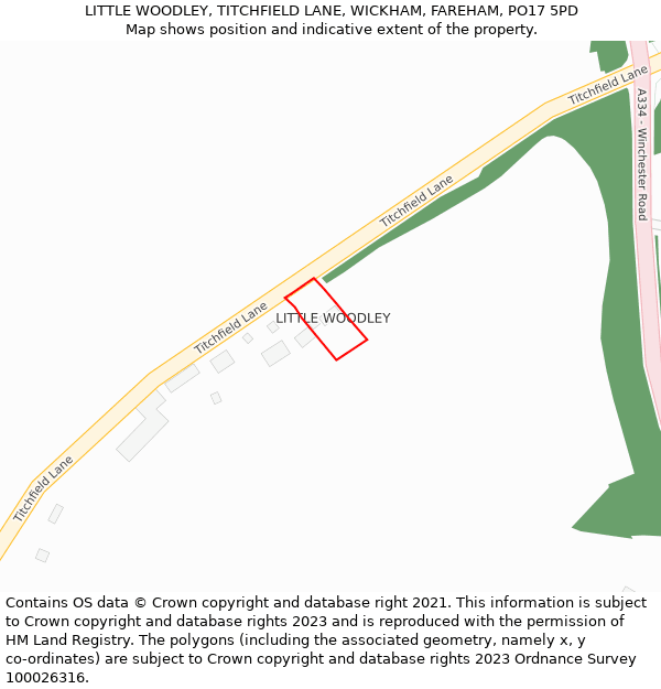 LITTLE WOODLEY, TITCHFIELD LANE, WICKHAM, FAREHAM, PO17 5PD: Location map and indicative extent of plot