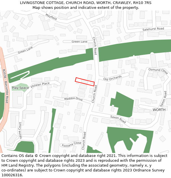 LIVINGSTONE COTTAGE, CHURCH ROAD, WORTH, CRAWLEY, RH10 7RS: Location map and indicative extent of plot