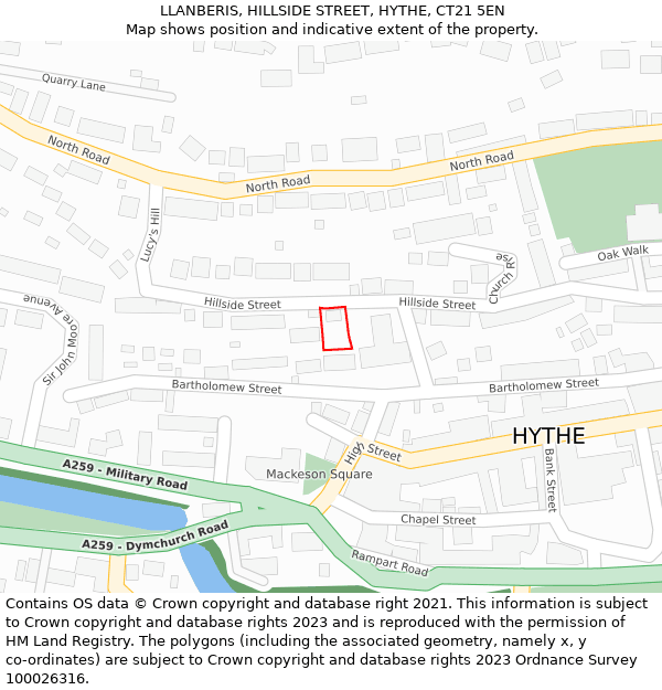 LLANBERIS, HILLSIDE STREET, HYTHE, CT21 5EN: Location map and indicative extent of plot