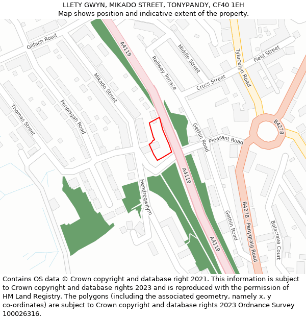 LLETY GWYN, MIKADO STREET, TONYPANDY, CF40 1EH: Location map and indicative extent of plot