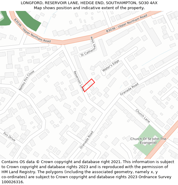 LONGFORD, RESERVOIR LANE, HEDGE END, SOUTHAMPTON, SO30 4AX: Location map and indicative extent of plot