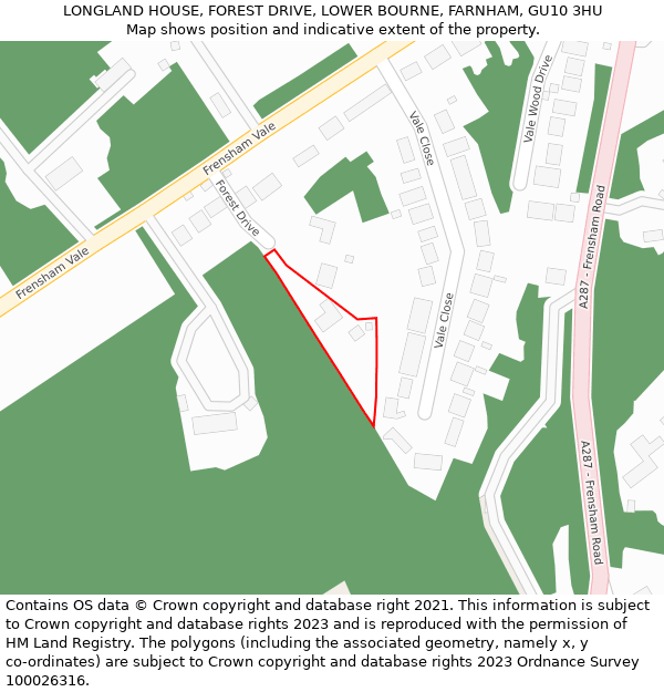 LONGLAND HOUSE, FOREST DRIVE, LOWER BOURNE, FARNHAM, GU10 3HU: Location map and indicative extent of plot