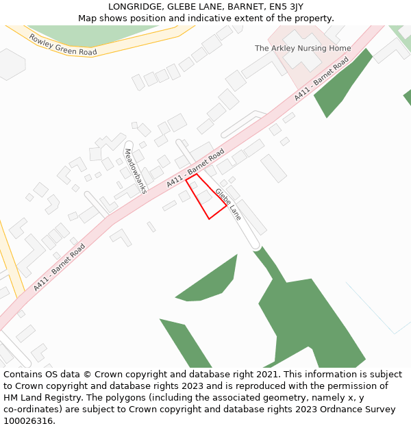 LONGRIDGE, GLEBE LANE, BARNET, EN5 3JY: Location map and indicative extent of plot