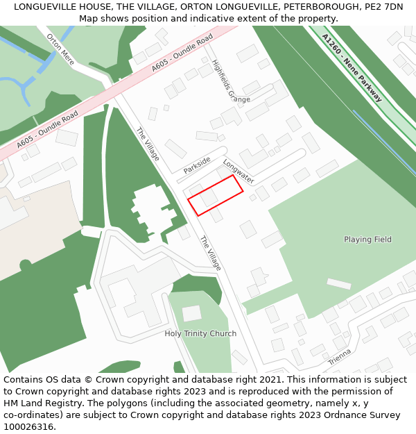 LONGUEVILLE HOUSE, THE VILLAGE, ORTON LONGUEVILLE, PETERBOROUGH, PE2 7DN: Location map and indicative extent of plot