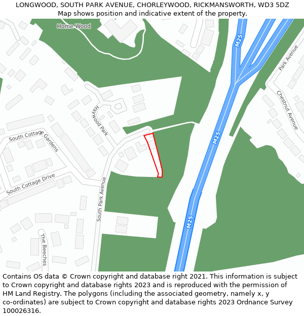 LONGWOOD, SOUTH PARK AVENUE, CHORLEYWOOD, RICKMANSWORTH, WD3 5DZ: Location map and indicative extent of plot