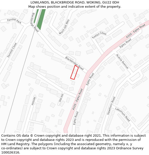 LOWLANDS, BLACKBRIDGE ROAD, WOKING, GU22 0DH: Location map and indicative extent of plot