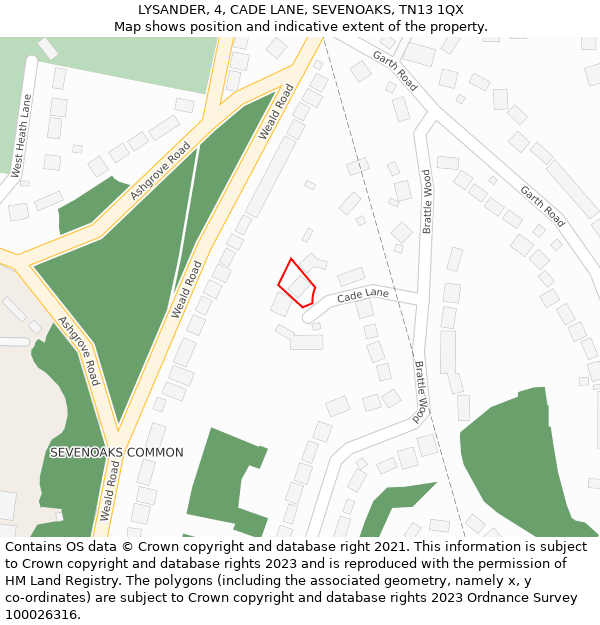 LYSANDER, 4, CADE LANE, SEVENOAKS, TN13 1QX: Location map and indicative extent of plot