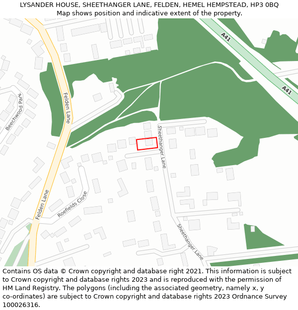 LYSANDER HOUSE, SHEETHANGER LANE, FELDEN, HEMEL HEMPSTEAD, HP3 0BQ: Location map and indicative extent of plot