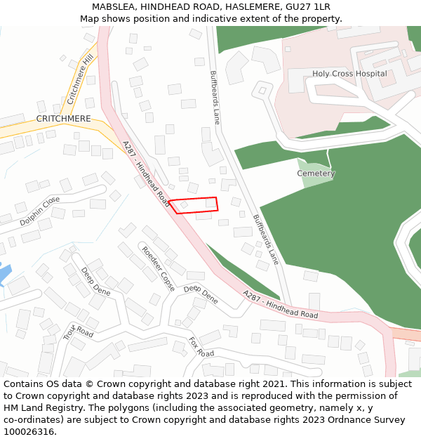MABSLEA, HINDHEAD ROAD, HASLEMERE, GU27 1LR: Location map and indicative extent of plot