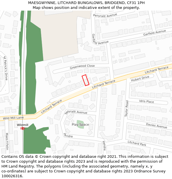 MAESGWYNNE, LITCHARD BUNGALOWS, BRIDGEND, CF31 1PH: Location map and indicative extent of plot