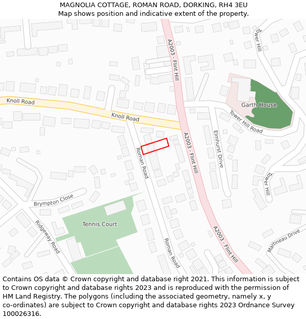 MAGNOLIA COTTAGE, ROMAN ROAD, DORKING, RH4 3EU: Location map and indicative extent of plot